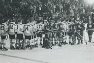 Bruins-Leafs handshake line after Boston swept the series, April 6, 1969.