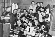 Coacher Conacher talking to top, in back, from left to right: Bill Gadsby, Gus Bodnar, Ernie Dickens Middle: Conacher, Red Hamill, Metro Prystai, Doug Jackson, Emile Francis, Alex Kaleta, Doug Bentley, Bob Goldham Front: John Mariucci, Bud Poile, Adam Brown, Bill Mosienko, Roy Conacher, Gaye Stewart.