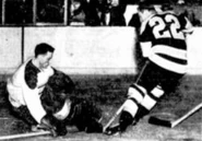 Jacques Plante stops Joe Klukay in Game 1 of the Semi-finals, March 23, 1954.