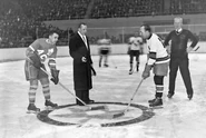 Joe Primeau, Ace Bailey and Howie Morenz, opening face-off of the Ace Bailey Benefit All-Star Game, February 14, 1934.