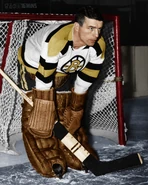 Frank Brimsek sporting the Bruins new "Spoked B" jersey.