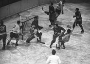 Charlie Rayner foils the Canadiens, Game 1 of the 1950 Semi-finals, March 29, 1950.