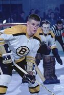 Bobby Orr playing with a broken nose. Note that Gerry Cheevers hasn't painted stitches on his mask yet, November 8, 1967.