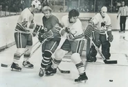 Steve Cuddie, Bobby Hull, Jim Dorey, goalie Jim Shaw, April 4, 1975.