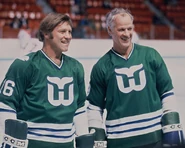 Gordie Howe and Bobby Hull during an Hartford Whalers game in 1980