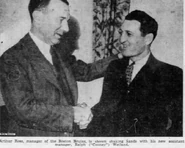 Art Ross congratulates Cooney Weiland on being named assistant GM, October 18, 1938.
