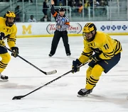 A referee calls a delayed penalty, which sees play continue until a goal is scored, or the opposing team regains control of the puck