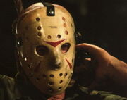 Jason Voorhees wearing the now-iconic goalie mask. It was made by being molded from a  goalie mask. It would become a staple for the character for the rest of the series, and had an instant impact on pop culture.