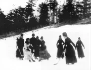 Women playing ice hockey, c. 1888. The daughter of Lord Stanley of Preston, Lady Isobel Gathorne-Hardy is visible in white.
