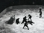 The Canadiens attack Ranger goalie Ken McAuley, December 17, 1944.