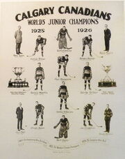 A collage of 14 players and coaches and two championship trophies under the headline text "Calgary Canadians World's Junior Champions 1925 1926".