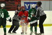 Linesmen in the middle of breaking up a youth hockey scrum.