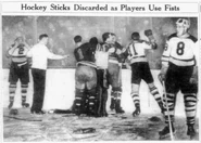 Violence from Game 4 of 1939 Semi-finals. NYR goalie Dave Kerr holds Frank Brimsek while #11 Gord Pettinger throws a punch.