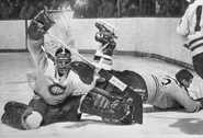 Jean-Guy Gendron falls over Jacques Plante, January 19, 1960.