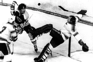 Derek Sanderson and Glenn Hall, Game 3 of the 1970 Stanley Cup Finals, May 7, 1970.