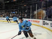 Spence skating in warm-ups on the LA Kings pride night for the 2021-2022 season.