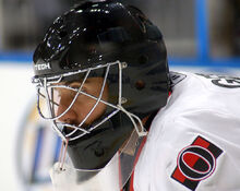 Gerber sporting his all-black "Darth Gerber" mask with the Senators.