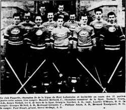 39-40Paquette.jpg (78 KB) The 1939-40 Paquette team, that won Montreal's Lafontaine Park Junior League with 17 games without a loss. Richard (left) was the league's leading scorer.