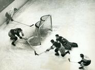 Rangers-Americans action around Dave Kerr, January 4, 1938.