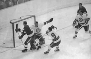 Bill Goldsworthy scores the first goal at the Met Center, October 21, 1967.