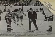 Ceremonial face-off at the Roadrunners first home game between Andre Lacroix and Robbie Ftorek, October 16, 1974.