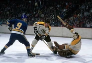 Frank St. Marseille, Bobby Orr, Eddie Johnston, Game 1 of the 1972 Semi-finals, April 18, 1972.