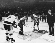 Ceremonial puck drop between Ted Green and Norm Ferguson, January 11, 1975.