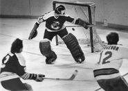 John Kiely makes a save on Don Borgeson, December 16, 1975.