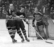Earl Seibert, Gordie Drillon, Alfie Moore, Game 1 of the 1938 Stanley Cup Finals, April 5, 1938.