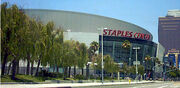 Staples Center, viewed from Figueroa Street, the southeast side of the arena.