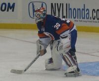 Roloson in goal for the New York Islanders during their season home-opener.