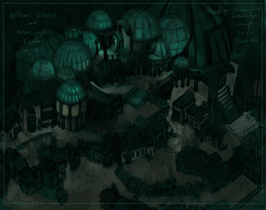 Concept art of the Artisan's District, showing the Malavon's Dome from the outside