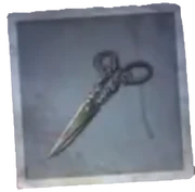 A Pair of Scissors - A pair of finely crafted and very sharp scissors, with several dark green fibers upon their blades. These fibers look a little bit like they're from some kind of cloth, and are similar to the ones found in the Rainmaker's mouth and nose.