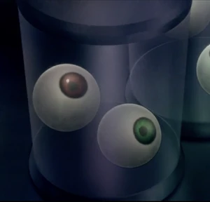 A scene from Episode 1 of the Angels of Death anime, showing one of the many eye tanks owned by 