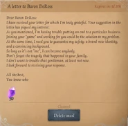 A letter of an anonymous individual (assumingly the Coordinator) under the name of You-know-who, sent to Baron DeRoss with the intention of participating his Manor Games as well as cooperating with him.