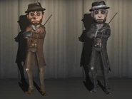 Magician's Worn Clothes and Dark Side side by side, the latter keeps the right glove, has more visible dirt on the clothing, a longer coat, visible skin from the leg where a part of his pants got ripped and has a scratched face.