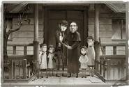 "A photo: In the orphanage, Kreacher Pierson and a priest in uniform are conducting a band of disabled children."