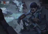 Appeared sit behind the crooked wall, unhood and one arm reached for the letter from his coat, caused the death of Kurt Frank on the upper left corner, who appeared with one arm reached out from crushed wall in 2021 Mercenary's Chinese Birthday Art (Weibo)