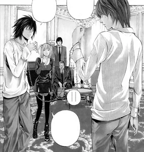 A scene from the manga, showing Light and L handcuffed together