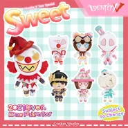 Candy Girl (top row, middle) featured as a plush keychain in the Dessert Theme Series merchandise line, as seen in the plush character lineup.