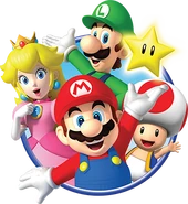 A stock promotional artwork of Mario, Luigi, Princess Peach, and Toad.