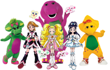 Barney, Baby Bop and BJ with Cure Black, Mepple, Cure White, Mipple, Shiny Luminous, Porun and Lulun