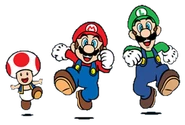 A 2D artwork of Mario, Luigi and Toad running together.