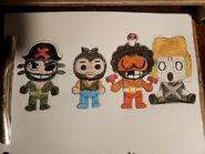 Bogo with a dark brown pirate shirt with light brown sleeves, as well as Punch with a brown shirt