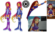 Starfire wearing her second suit and Blue Lantern Form (left) and her first costume (right)