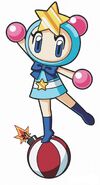 Acrobat Aqua's artwork from Bomberman Land Touch! 2, as she balances on a bomb painted like a circus ball.