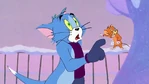 The surprised and shocked Tom and Jerry pointed at each other if Frosty is actually talking to them, with Tom answering the snowman's question ("(shy/ nervous:) Umm...us?") (recycled and flipped character animation from Tom and Jerry's Giant Adventure) (Note: Tom and Jerry's anime sweat drops on their heads must be featured.)