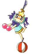 Acrobat Aqua's artwork from Bomberman Land Touch! 2, as she balances on a circus ball and balances a sword on her head.