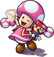 Toadette's artwork from Mario & Luigi: Paper Jam, along with her papercraft Mario toy.
