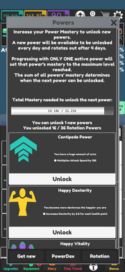 Progress bar showing mastery until next unlock. Choice of 4 powers to unlock.